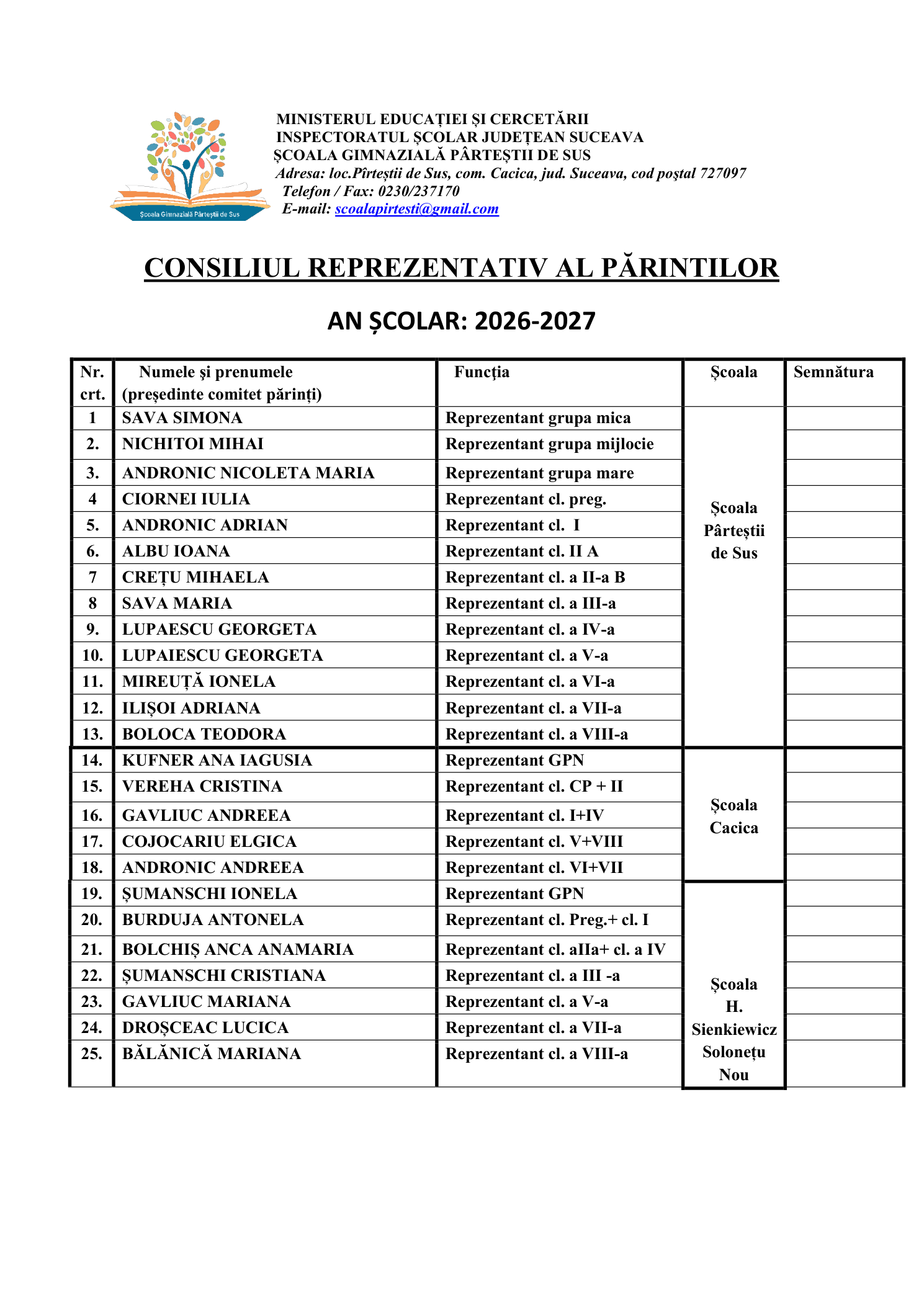 Consiliul reprezentativ al părinților – anul școlar 2026–2027